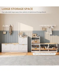 gaomon Farmhouse Shoe Cabinet with Bench, 4 Flip Drawers, Cushioned Seat Shoe Organizer, Freestanding Entryway Storage