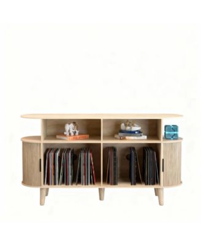 Yigii Mid Century Modern Record Cabinet With Charging Station Storage