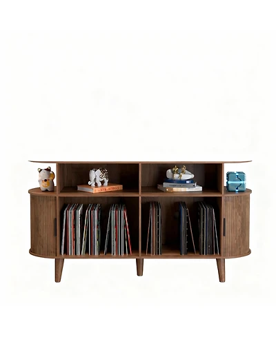 Yigii Mid-Century Modern Record Cabinet with Charging Station & Storage