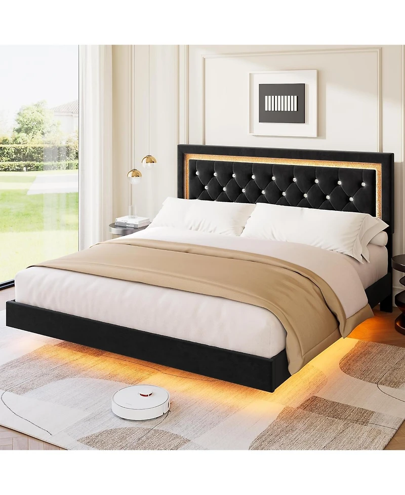 gaomon King Floating Platform Bed with Led Lights, Upholstered Diamond Headboard, Solid Wood Slats