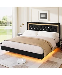 gaomon King Floating Platform Bed with Led Lights, Upholstered Diamond Headboard, Solid Wood Slats