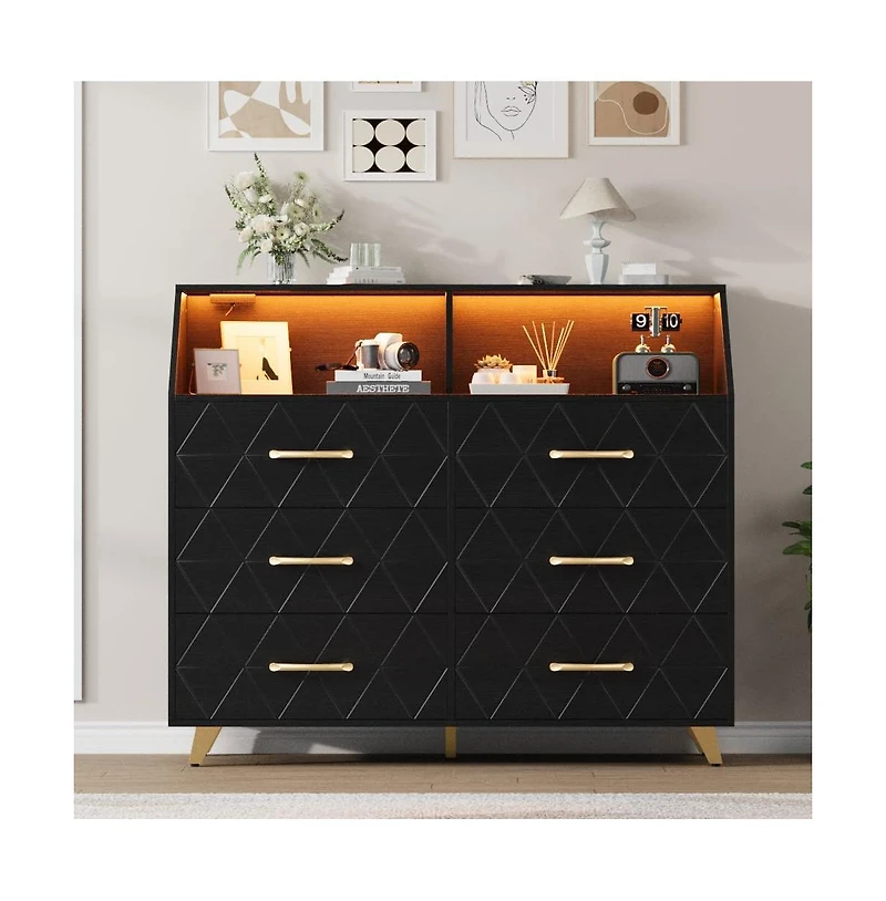 gaomon Dresser with 6 Large Storage Drawers, Tv Stand Dresser with Led Lights & Charging Station, Wood Dressers & Chests of Drawers for Closet