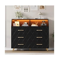 gaomon Dresser with 6 Large Storage Drawers, Tv Stand Dresser with Led Lights & Charging Station, Wood Dressers & Chests of Drawers for Closet