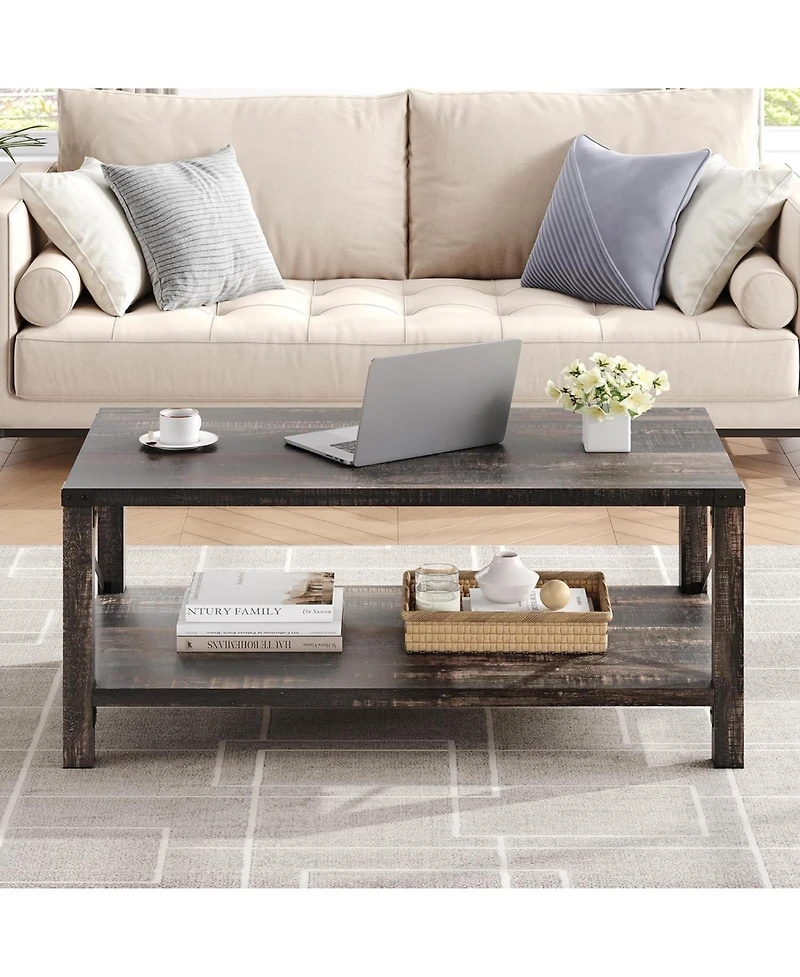 gaomon Farmhouse Rectangle Coffee Table 2-Tier Center Table Living Room Rectangle Cocktail Table