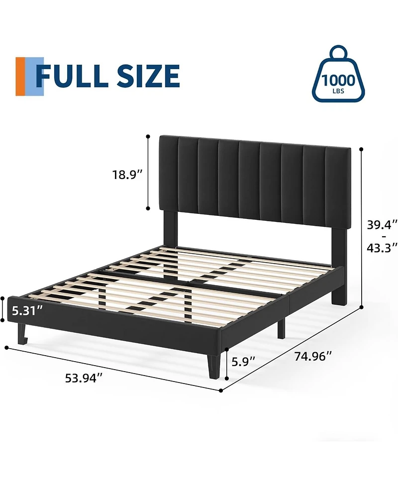 gaomon Full Upholstered Platform Bed Frame with Vertical Channel Tufted Headboard, Adjustable Height, Wooden Slats, Noise Free