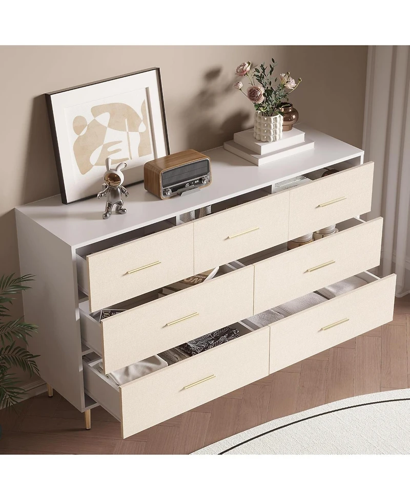 gaomon 7 Drawer Dresser, Modern Chest of Drawer with Gold Metal Handles, Wood Dresser for Bedroom with Strong Metal Legs, White Storage Organizer