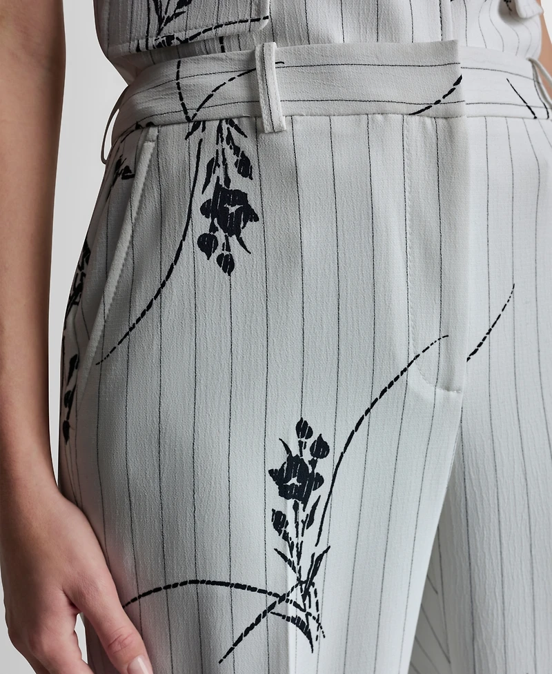 Dkny Women's Pinstripe Floral Mid Rise Flared Pants