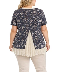 Coin 1804 Plus Boho Floral Rib and Lace Pleat Back Short Sleeve Top