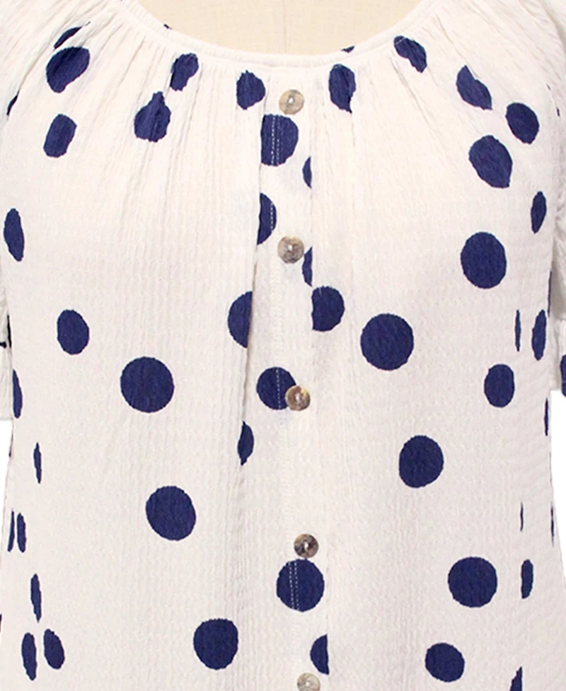 Coin 1804 Plus Polka Dot Crinkle Knit Button-Front Ruffle Sleeve Top