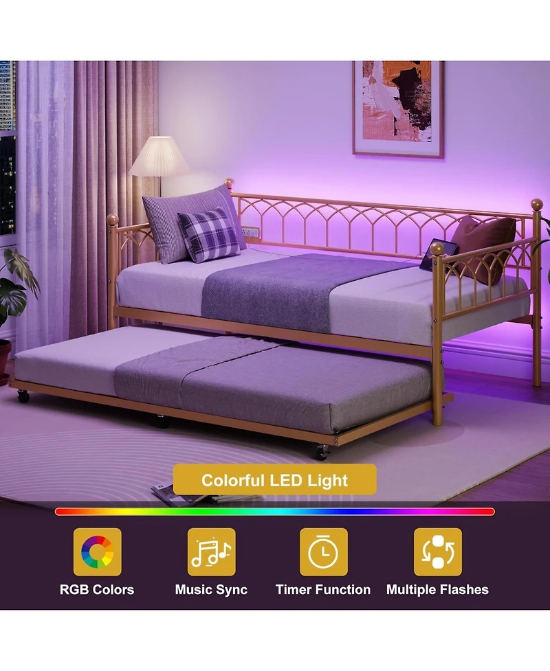gaomon Twin Daybed with Pull-Out Trundle, Led Lights & Charging Station, Metal Sofa Bed,
