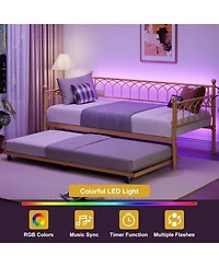 gaomon Twin Daybed with Pull-Out Trundle, Led Lights & Charging Station, Metal Sofa Bed,