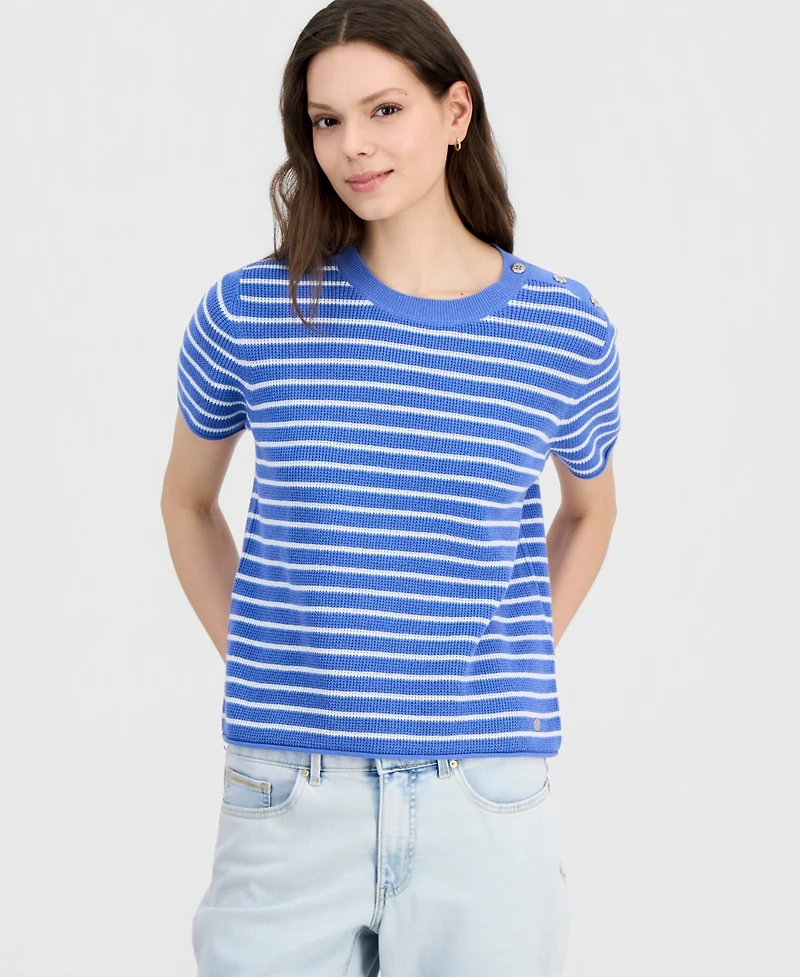 Nautica Women's Crewneck Short-Sleeve Striped Sweater
