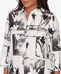 Alfred Dunner Petite Crowd Pleaser Floral Patchwork Button Front Top