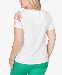 Alfred Dunner Petite Resort Living Floral Scallop Border Top