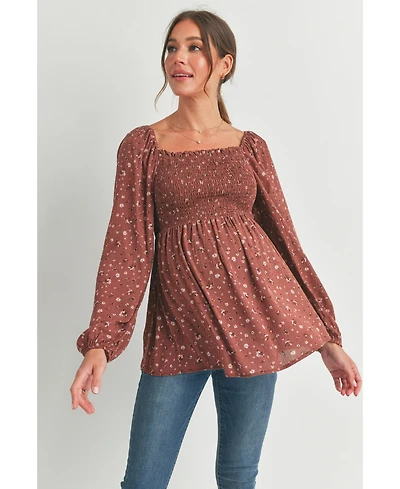 Hello Miz Maternity Smocked Square-Neck Floral Blouse