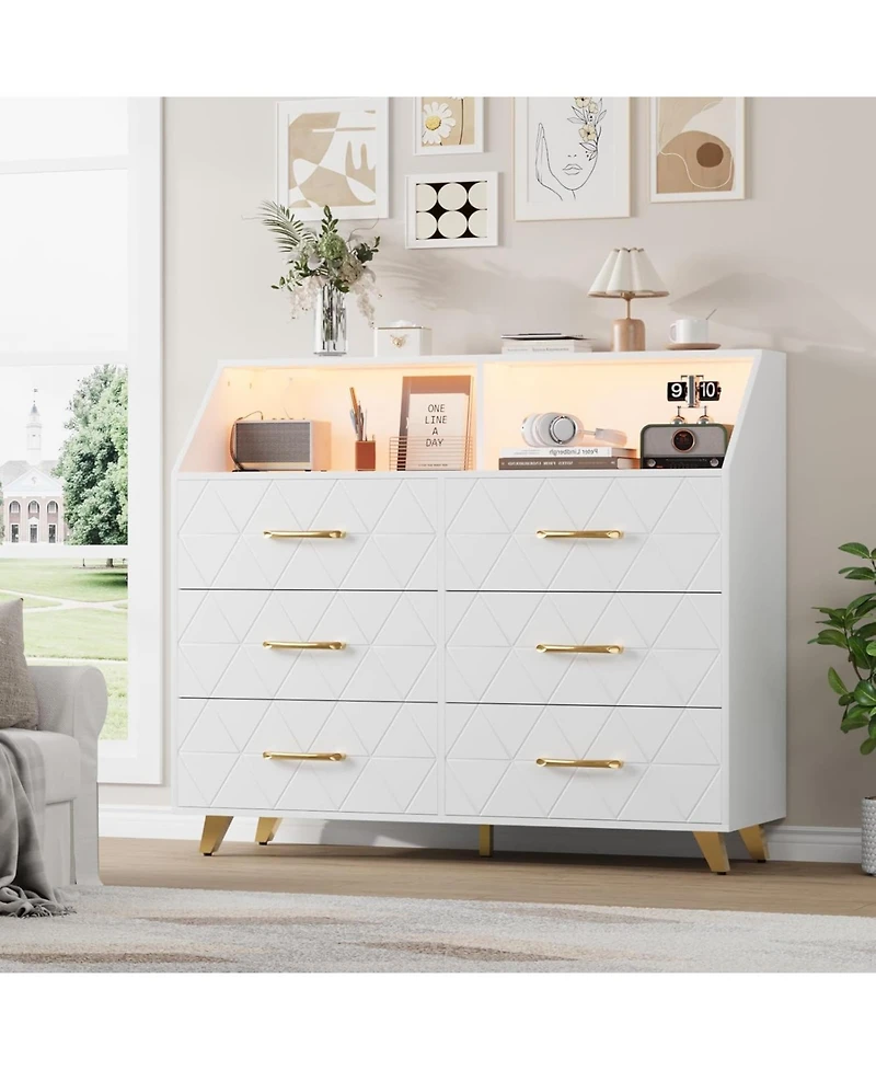 gaomon Dresser with Charging Station, Led Tv Stand Dresser with 6 Drawers, Wood Modern Dressers & Chests of Drawers for Closet, Bedroom, Living Room
