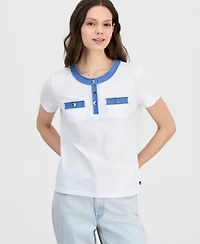 Nautica Women's Denim-Trim Henley Short-Sleeve Top