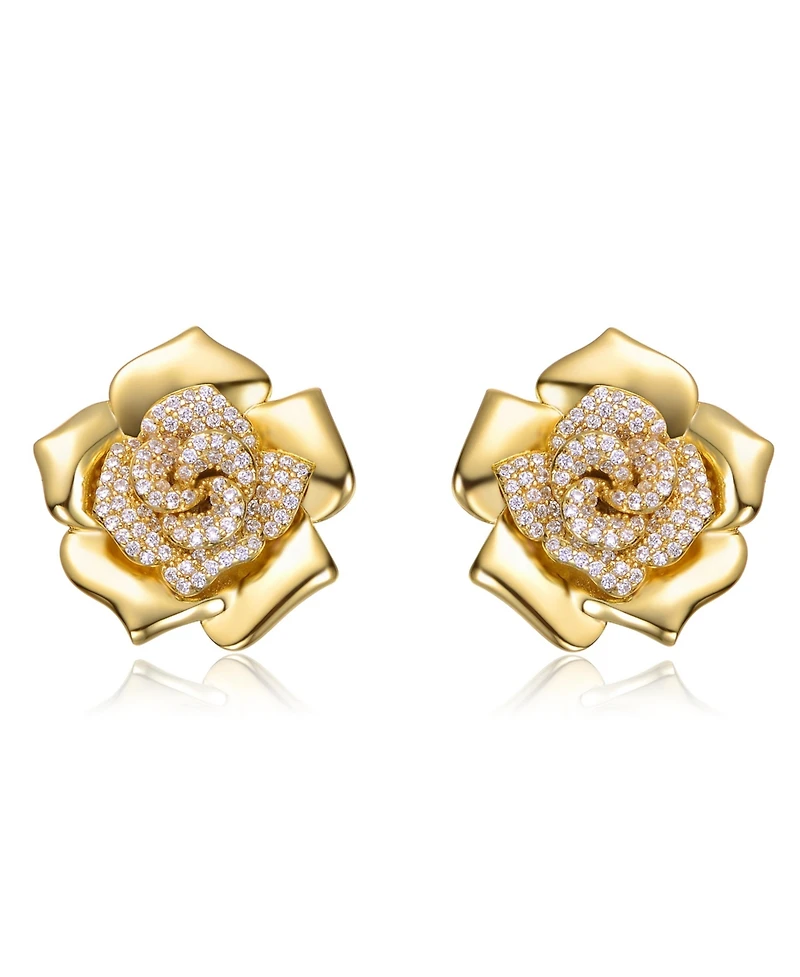 14K Gold Plated with Clear Cubic Zirconia Accents Flower Earrings