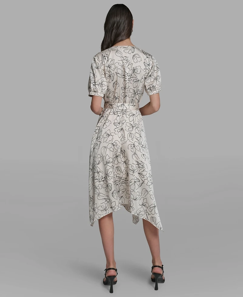 Karl Lagerfeld Paris Women's Printed Puff-Sleeve Tie-Waist Belt Midi Dress