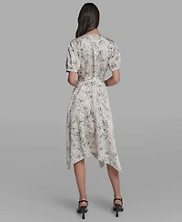 Karl Lagerfeld Paris Women's Printed Puff-Sleeve Tie-Waist Belt Midi Dress