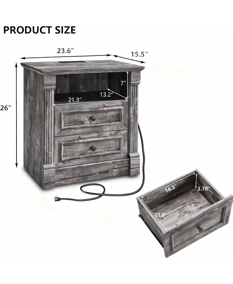 Yigii Farmhouse Nightstand with Charging Station and Storage