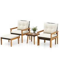 Costway 5 Pcs Rattan Furniture Set Wood Frame Chairs & Ottomans with Square Coffee Table