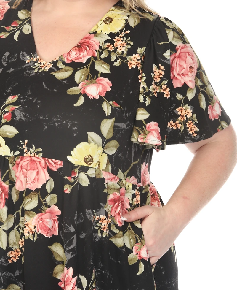 White Mark Plus V-Neck Tropical Flower Short Sleeve Dress