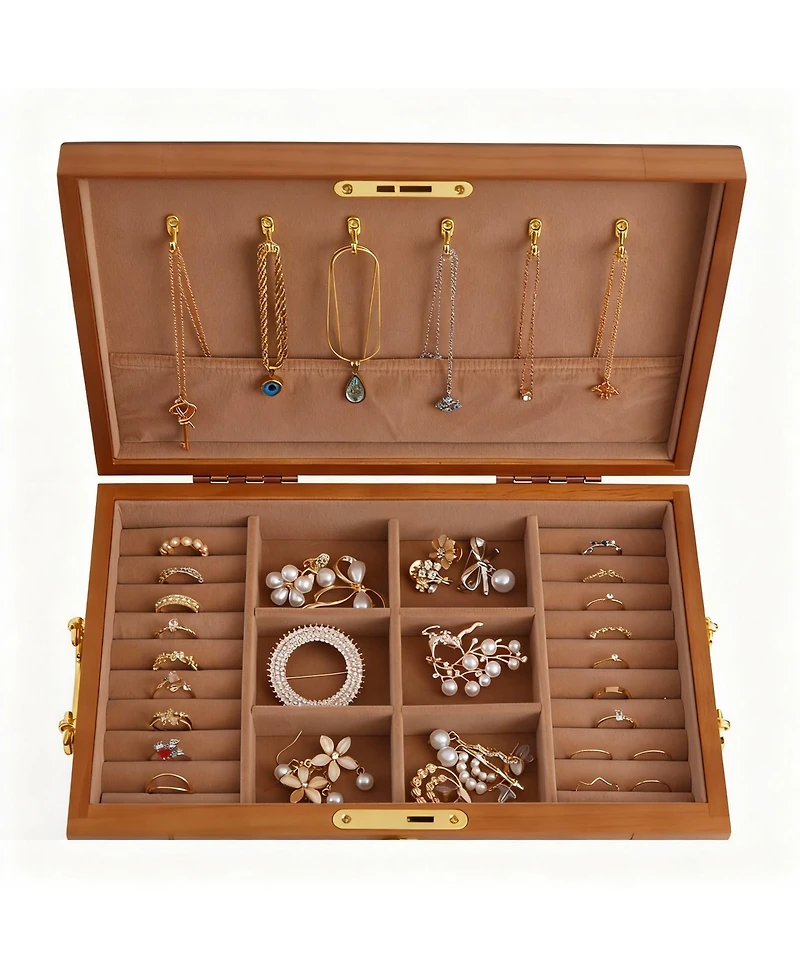 Yigii Wooden Jewelry Box with 2 Drawers, Lock & Key, Multiple Compartments