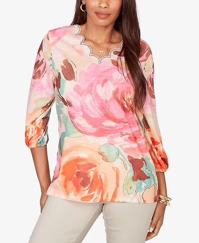 Ruby Rd. Plus Scalloped Neck Bold Floral Knit Top