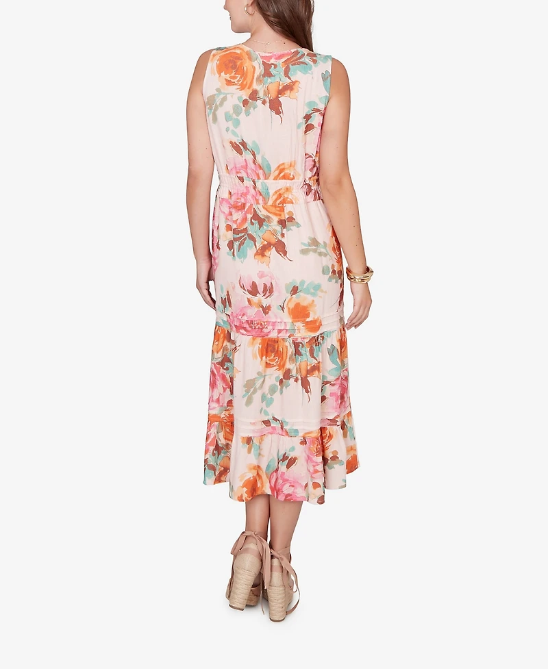 Ruby Rd. Plus Drawstring Waist Floral Linen Tiered Dress