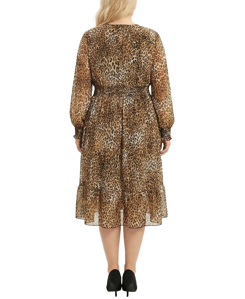 Ny Collection Plus Long Sleeve Clip Dot Chiffon Dress with Smocked Waist and Cuffs