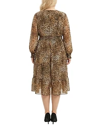 Ny Collection Plus Long Sleeve Clip Dot Chiffon Dress with Smocked Waist and Cuffs