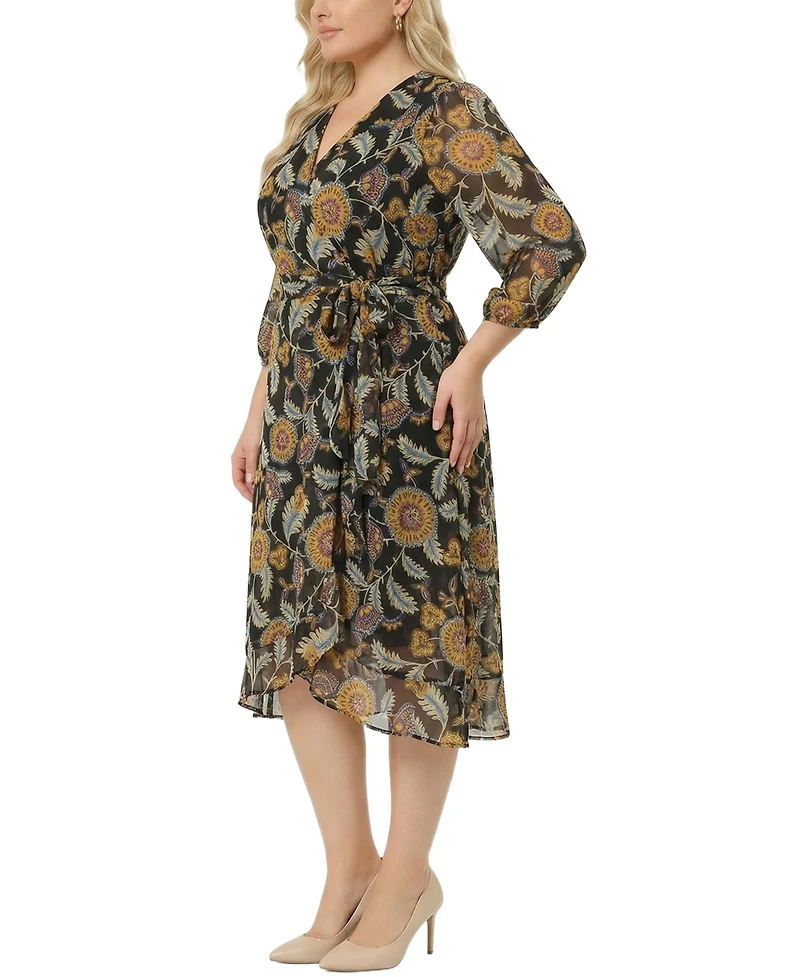 Ny Collection Plus 3/4 Sleeve V Neck Belted Chiffon Dress