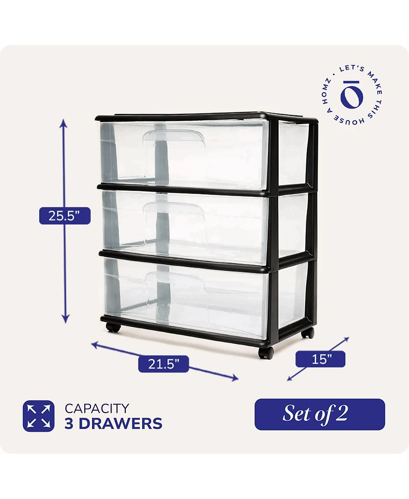 Homz Tall Solid Plastic 3 Drawer Medium Storage Cart with Wheels, Black (2 Pack)