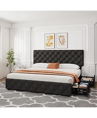 Gaomon King Size Bed Frame with 4 Storage Drawers, Linen Upholstered Platform Bed Frame with Adjustable Headboard