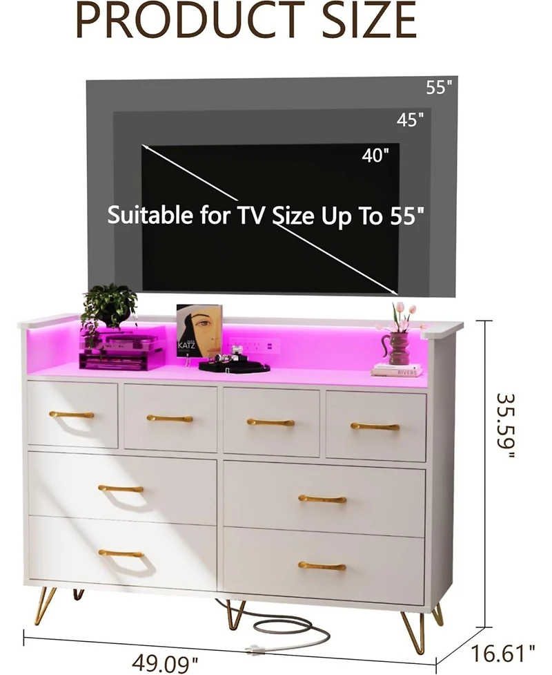 gaomon 8 Drawer Dresser with Charging Station and Rgb Lights, Wide Bedroom Chest with Outlets and Usb