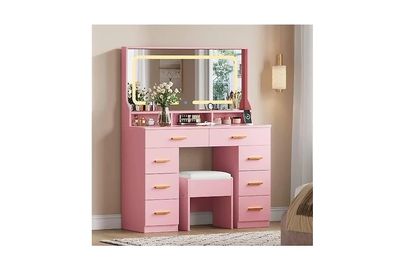 gaomon 42" Led Makeup Vanity Desk with Large Mirror, 8 Drawers & Charging Station, Modern Dressing Table Glass Top, Storage Stool