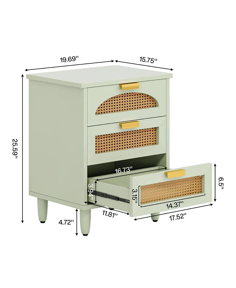 Rainsken Rattan Nightstand, Mint Green 3-Drawer Bedside Table, Wooden End Table for Bedroom, Living Room