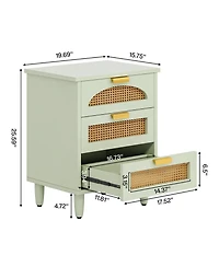 Rainsken Rattan Nightstand, Mint Green 3-Drawer Bedside Table, Wooden End Table for Bedroom, Living Room