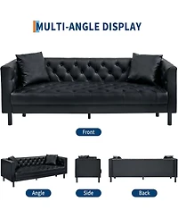 gaomon 78" Leather Couch, Handmade Button Tufted 3 Seater Chesterfield Sofa with Deep Seat and 2 Pillows for Living Room or Apartment