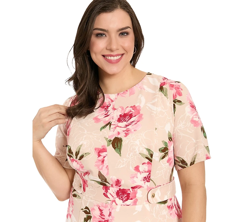 London Times Plus Short-Sleeve Printed Midi Dress