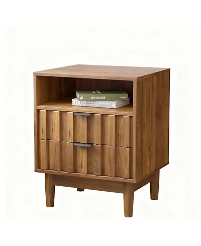 Yigii Fluted Pattern Modern Nightstand with 2 Drawers & Open Shelf