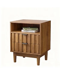 Yigii Fluted Pattern Modern Nightstand with 2 Drawers & Open Shelf