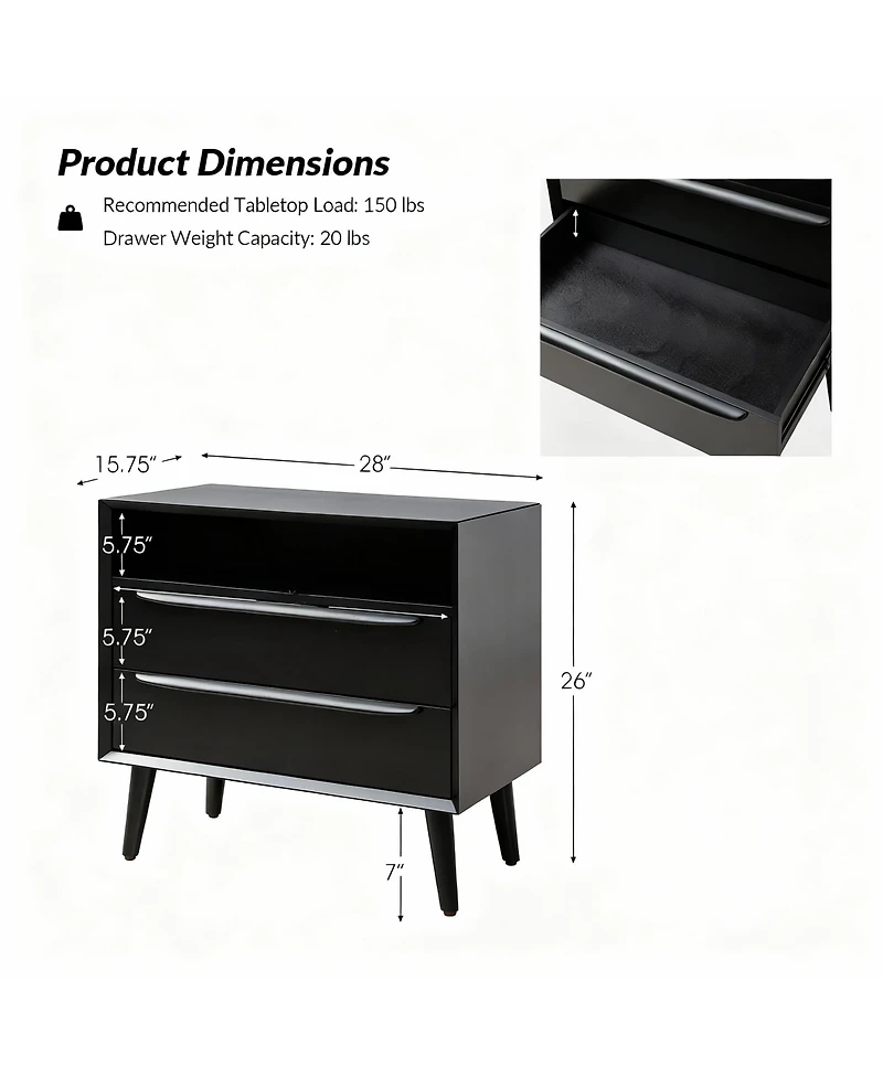 Yigii Mid-Century Modern 2-Drawer & Open Shelf End Table with Charging