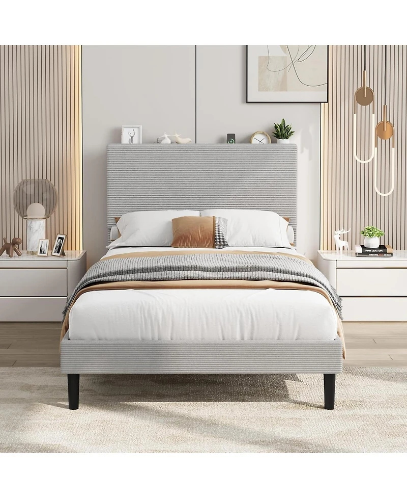 gaomon Twin Bed Frame with Usb Charging Station, Corduroy Upholstered Platform with Adjustable Storage Headboard and Slat Support