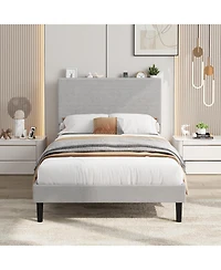 gaomon Twin Bed Frame with Usb Charging Station, Corduroy Upholstered Platform with Adjustable Storage Headboard and Slat Support