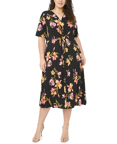 Msk Plus Size V-Neck Printed Midi Dress