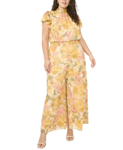 Msk Plus Size Flutter-Sleeve Printed Jumpsuit