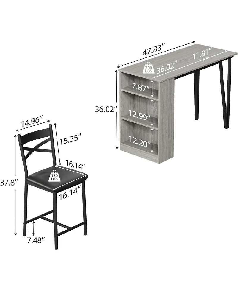 gaomon Bar Table Set of 2 with Storage Shelves, Extendable Dining Table with 2 Cushioned Chairs, 3 Piece Counter Height Set for Kitchen