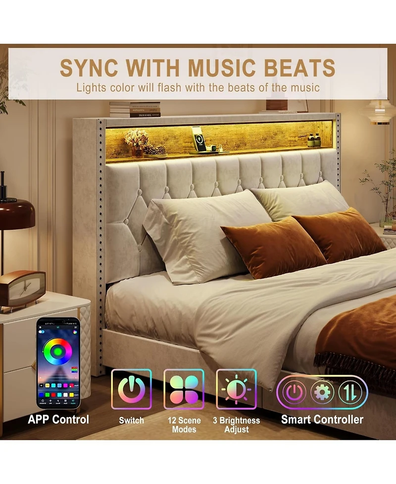 gaomon Bed Frame with Led Lights and Charging Station